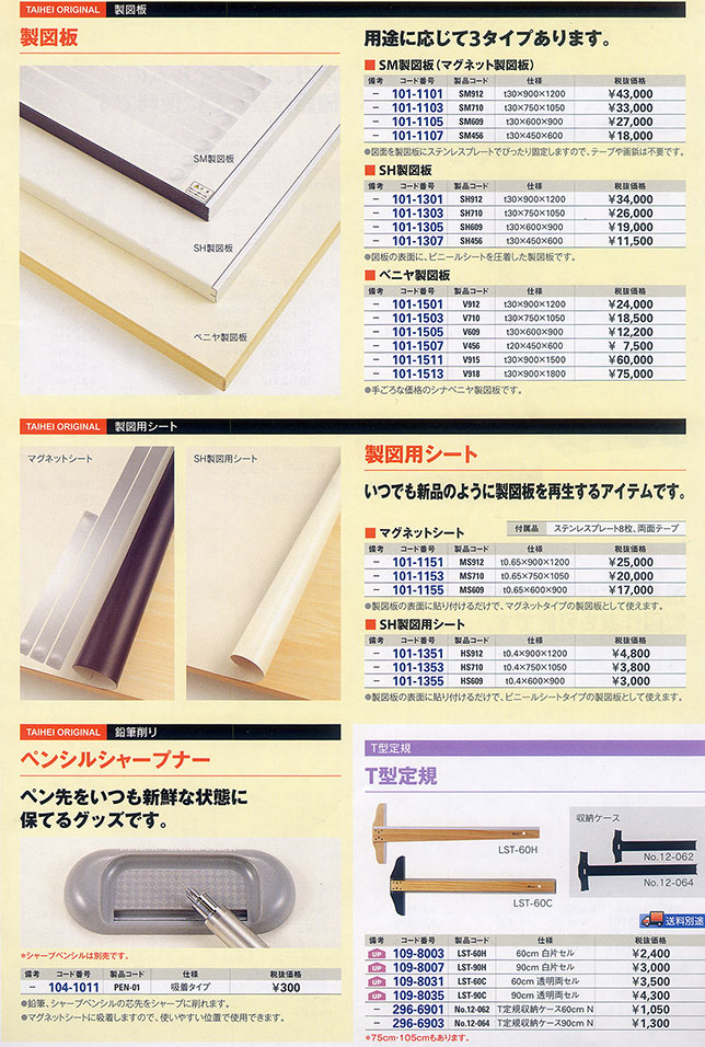 製図板・製図用シート・鉛筆削り・T型定規